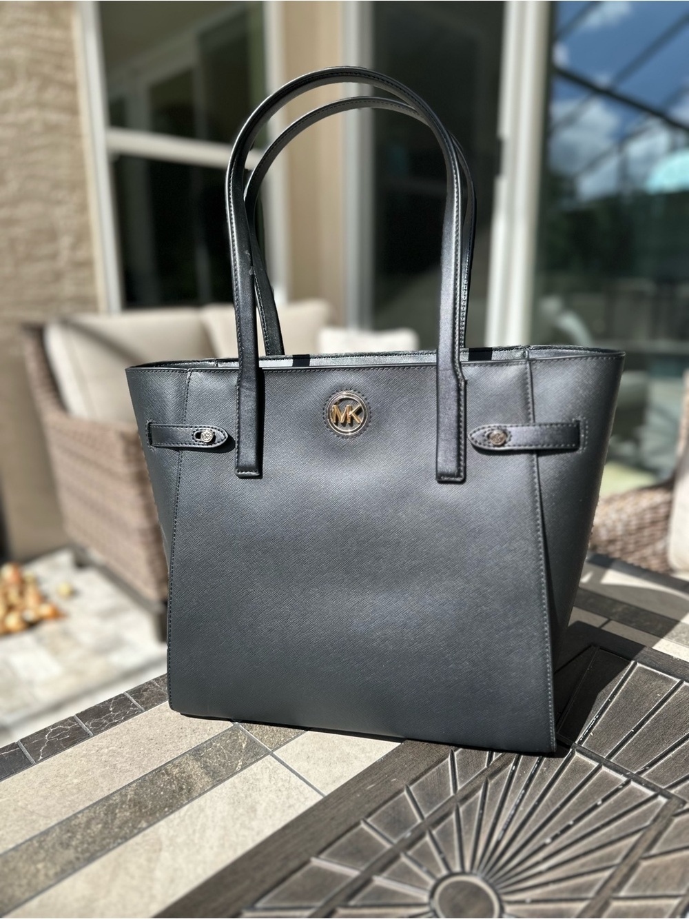 Michael Kors Black Saffiano Leather Tote with Gold MK Emblem